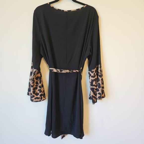 Black Bell-Sleeve Dress With Leopard Print Accents Waist Tie 3XL whimsy whitchy - Picture 5 of 6